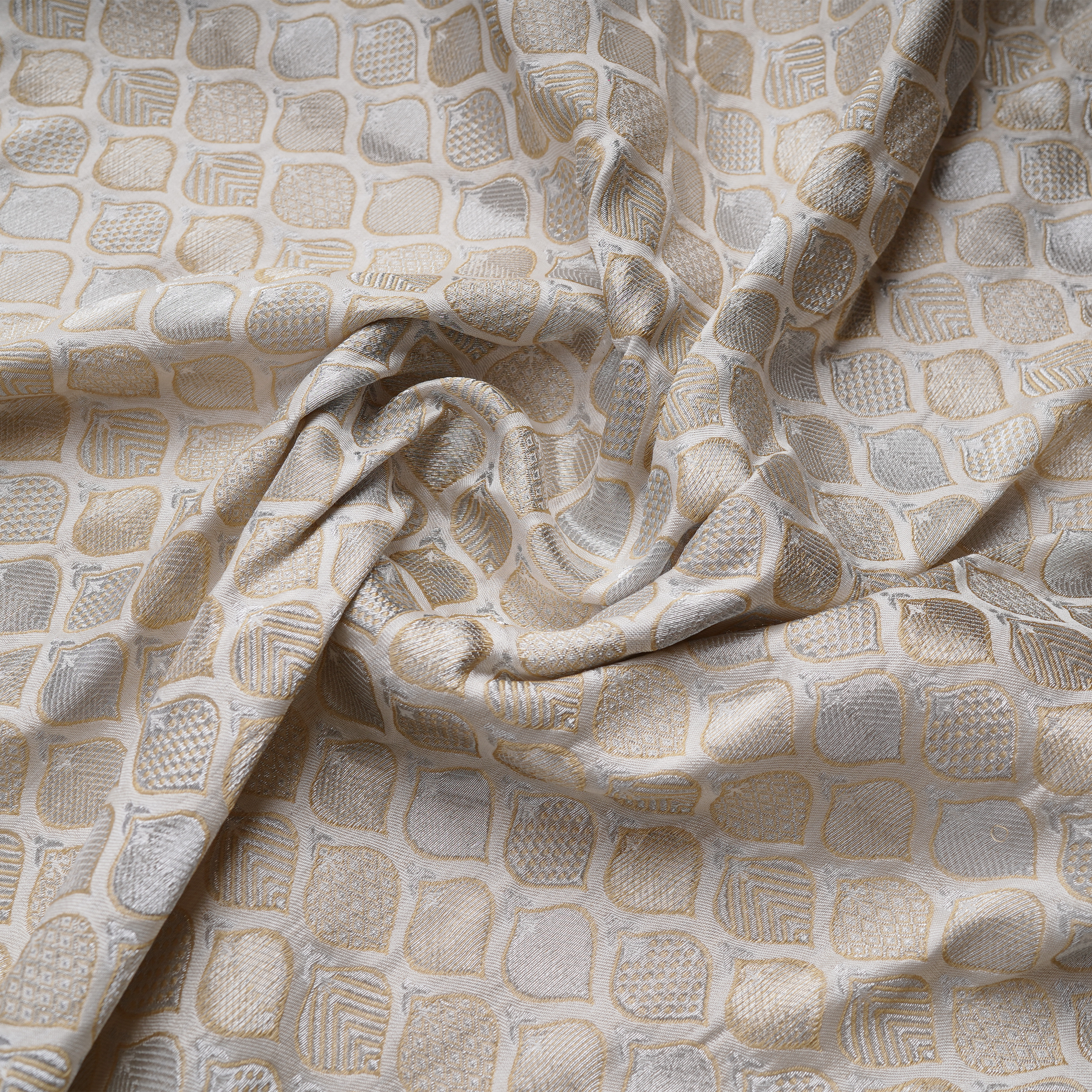 Minar-e-Zar – Pure Katan Atlas (Taj Minara Buti | 3-Color Thread | Golden & Silver Zari)