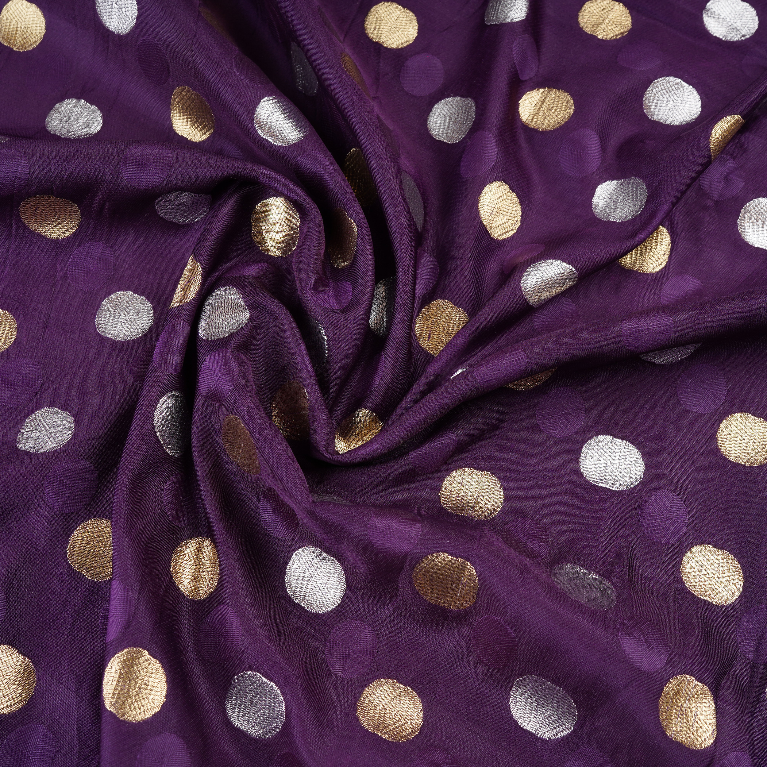 Sikra – Satin Jamawar Fabric with Circular Coin Motif (Golden & Silver Zari)