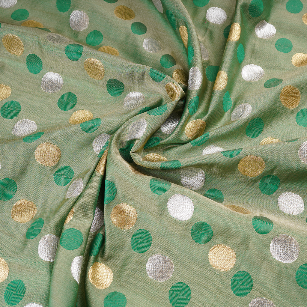 Sikra – Satin Jamawar Fabric with Circular Coin Motif (Golden & Silver Zari)