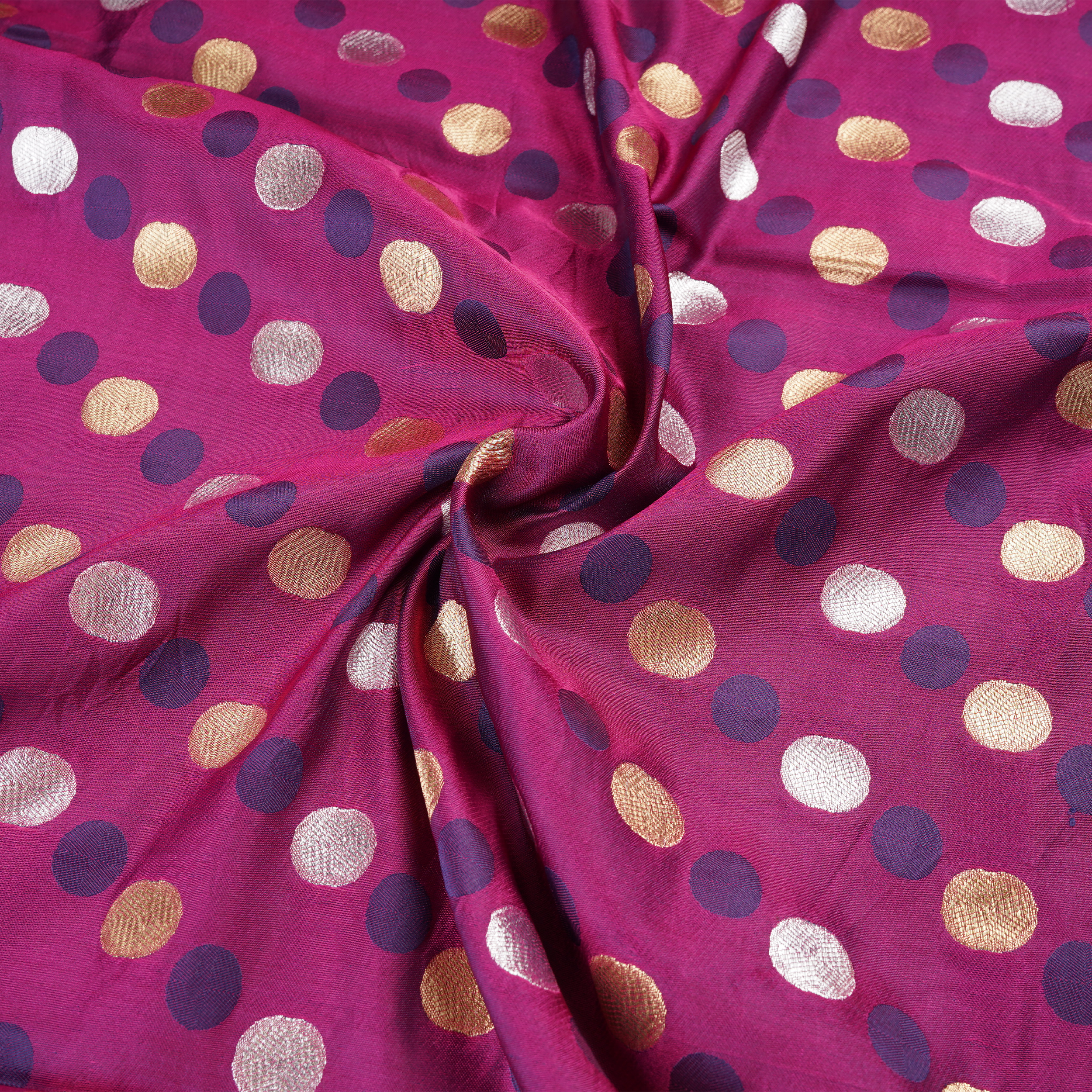 Sikra – Satin Jamawar Fabric with Circular Coin Motif (Golden & Silver Zari)