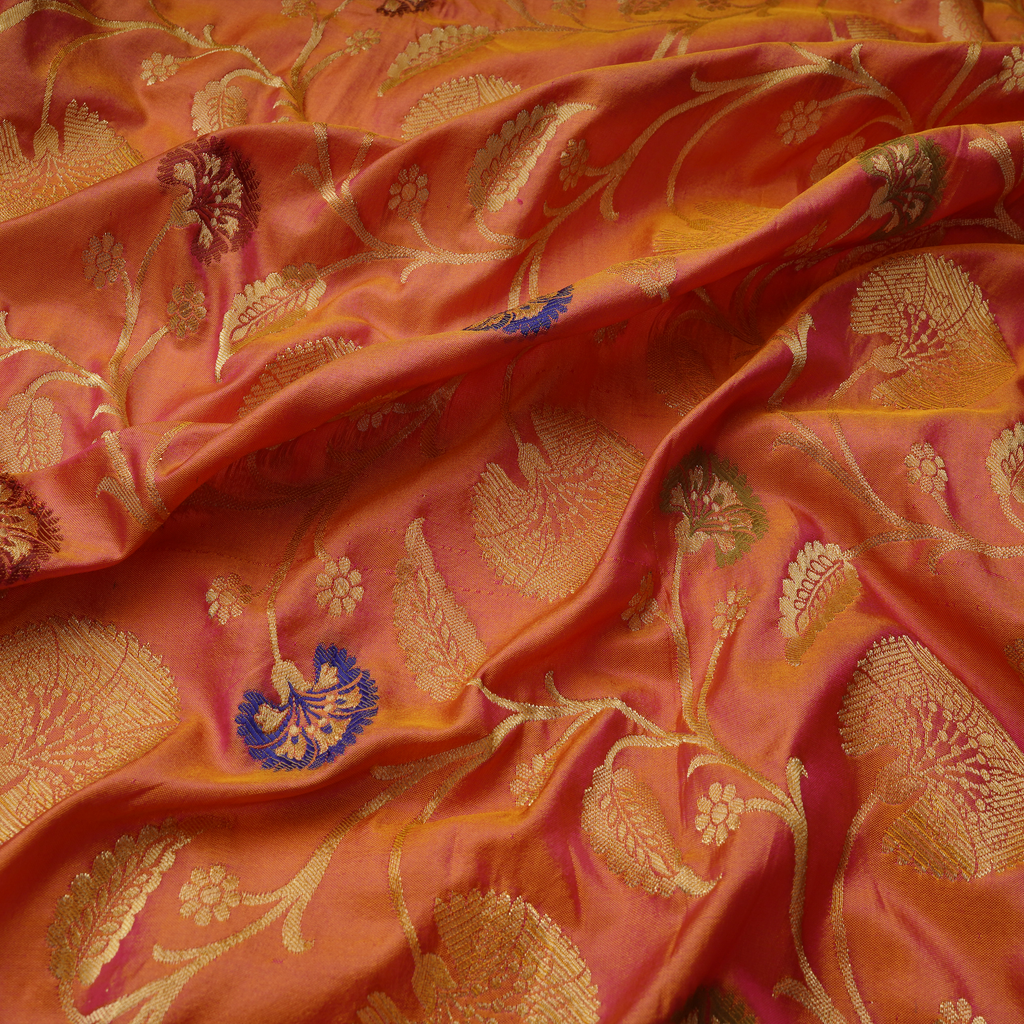 Gulbadan – Pure Indian Katan (Dual Tone | Floral Pattern | 4-Color Thread | Golden Zari)
