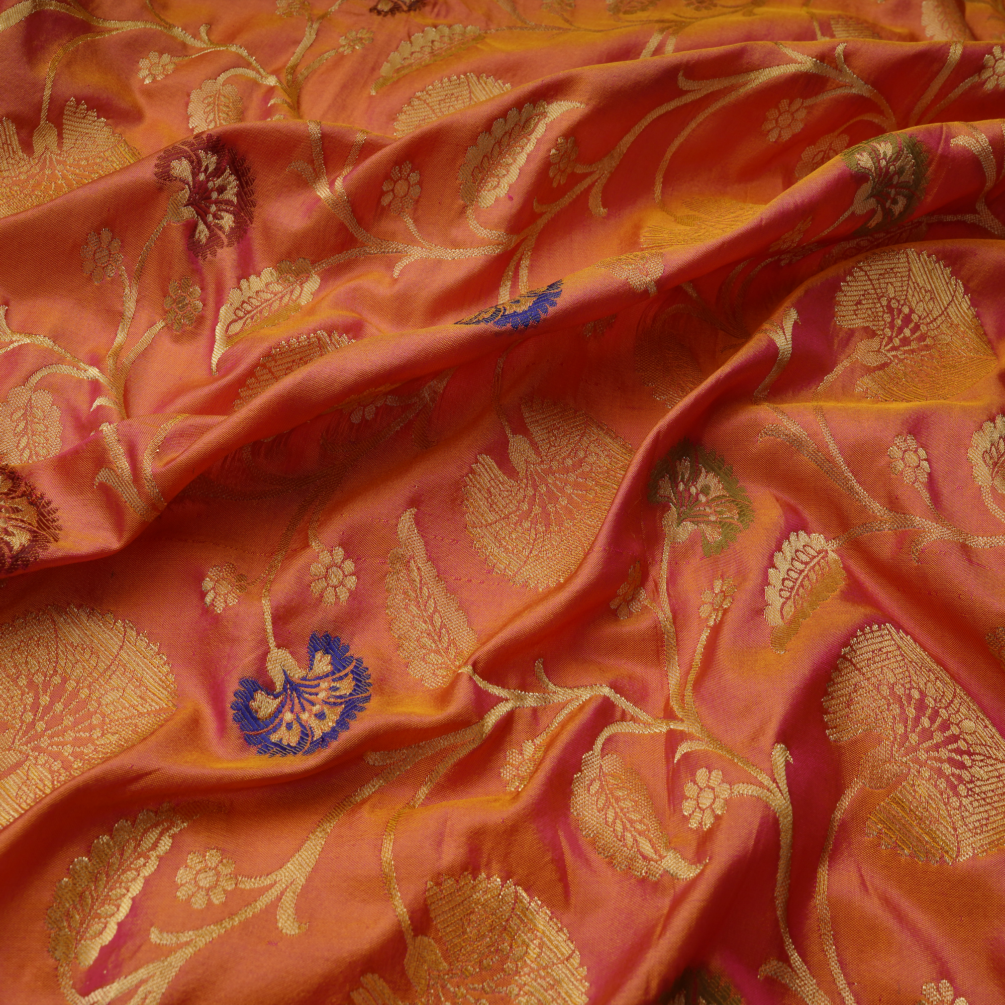 Gulbadan – Pure Indian Katan (Dual Tone | Floral Pattern | 4-Color Thread | Golden Zari)